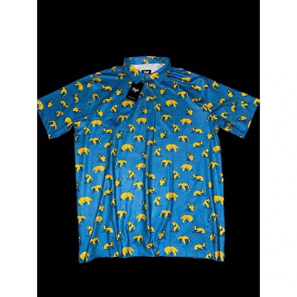 Waggle Men's Size - 2XL  Blue Bear Print Short Sleeve‎ Performance Golf Polo New - Picture 2 of 8